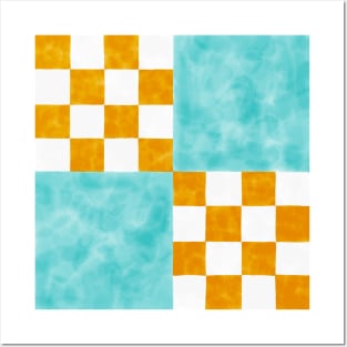 Orange and Teal Quilt Patch Watercolor Block Posters and Art